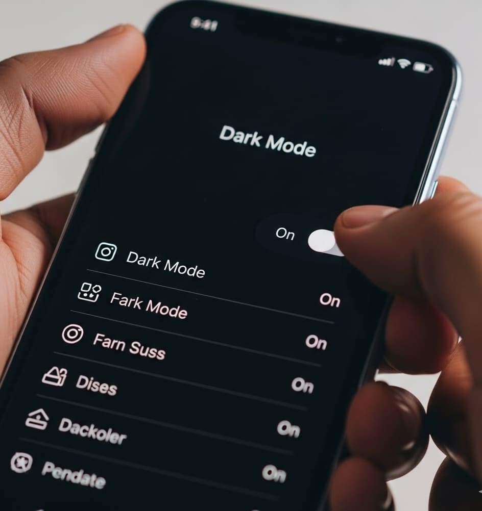 Une main activant le mode sombre (Dark Mode) dans les réglages d'un smartphone pour réduire la consommation de l'écran.