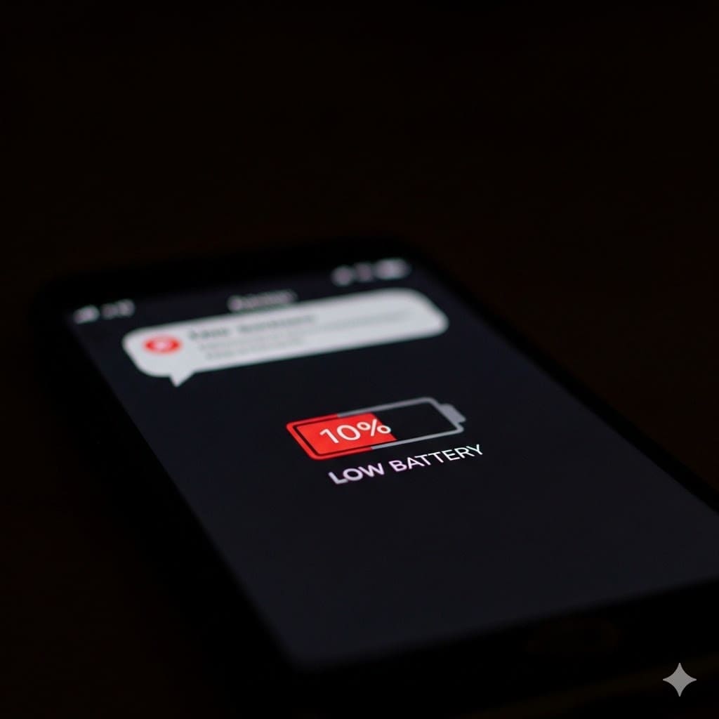Un smartphone dans l'obscurité affichant une alerte de batterie faible à 10% pour illustrer la perte d'autonomie.