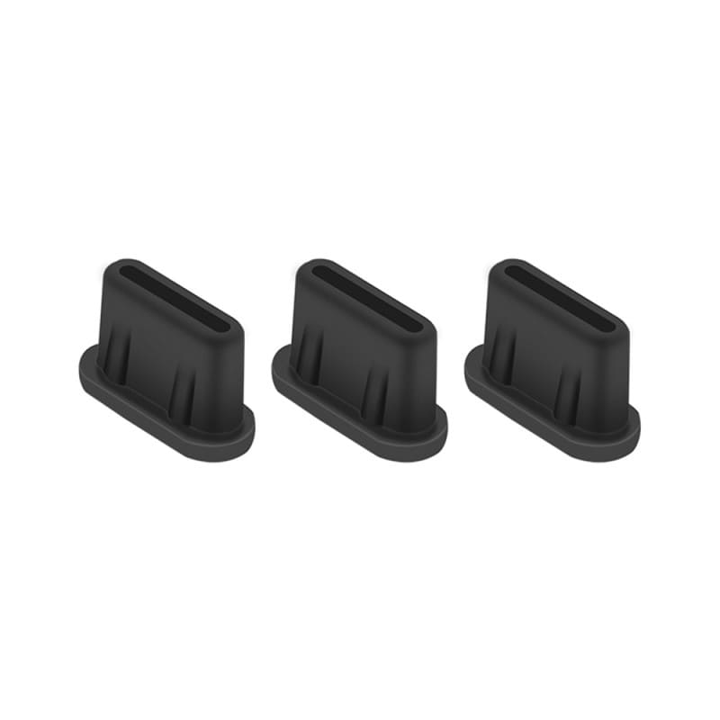 Lot de trois bouchons de protection en silicone noir anti-poussière pour port de charge USB-C.