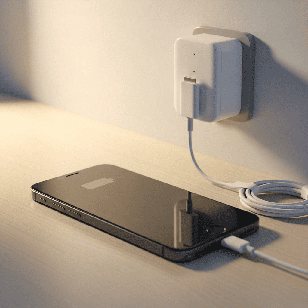 Un smartphone en cours de chargement sur une prise murale pour sécuriser l'installation d'une mise à jour.