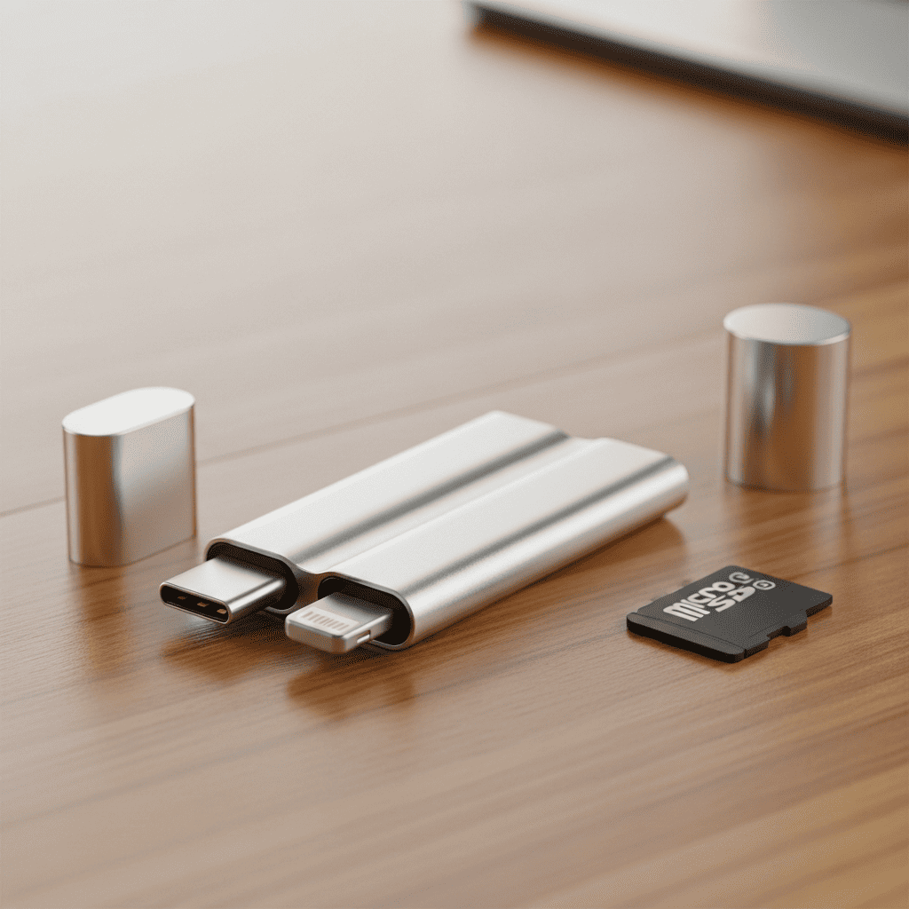 Lecteur de carte et clé USB dual avec connecteurs USB-C et Lightning pour stockage smartphone.