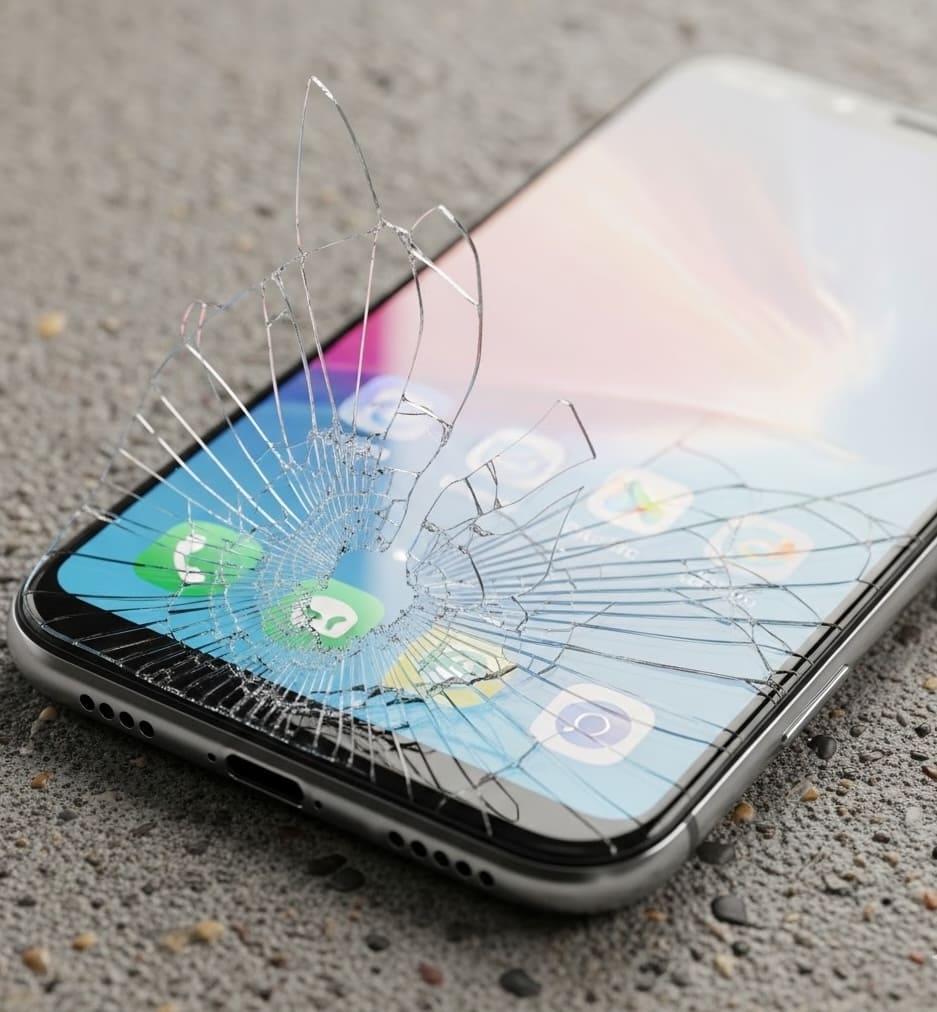 Gros plan d'un écran de smartphone fissuré pour illustrer le choix entre verre trempé et film hydrogel.