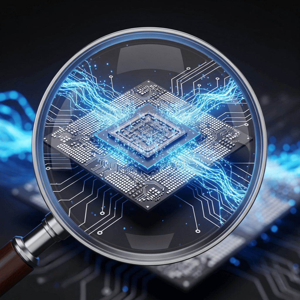 Illustration d'un processeur de smartphone observé à la loupe avec des flux de données bleus stylisés.