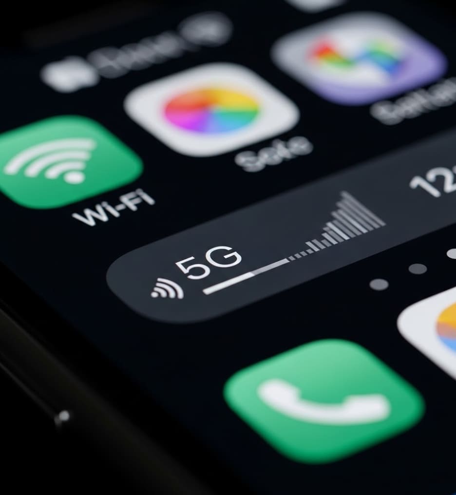 Gros plan sur l'icône de réseau 5G d'un smartphone illustrant la recherche de signal qui vide la batterie.