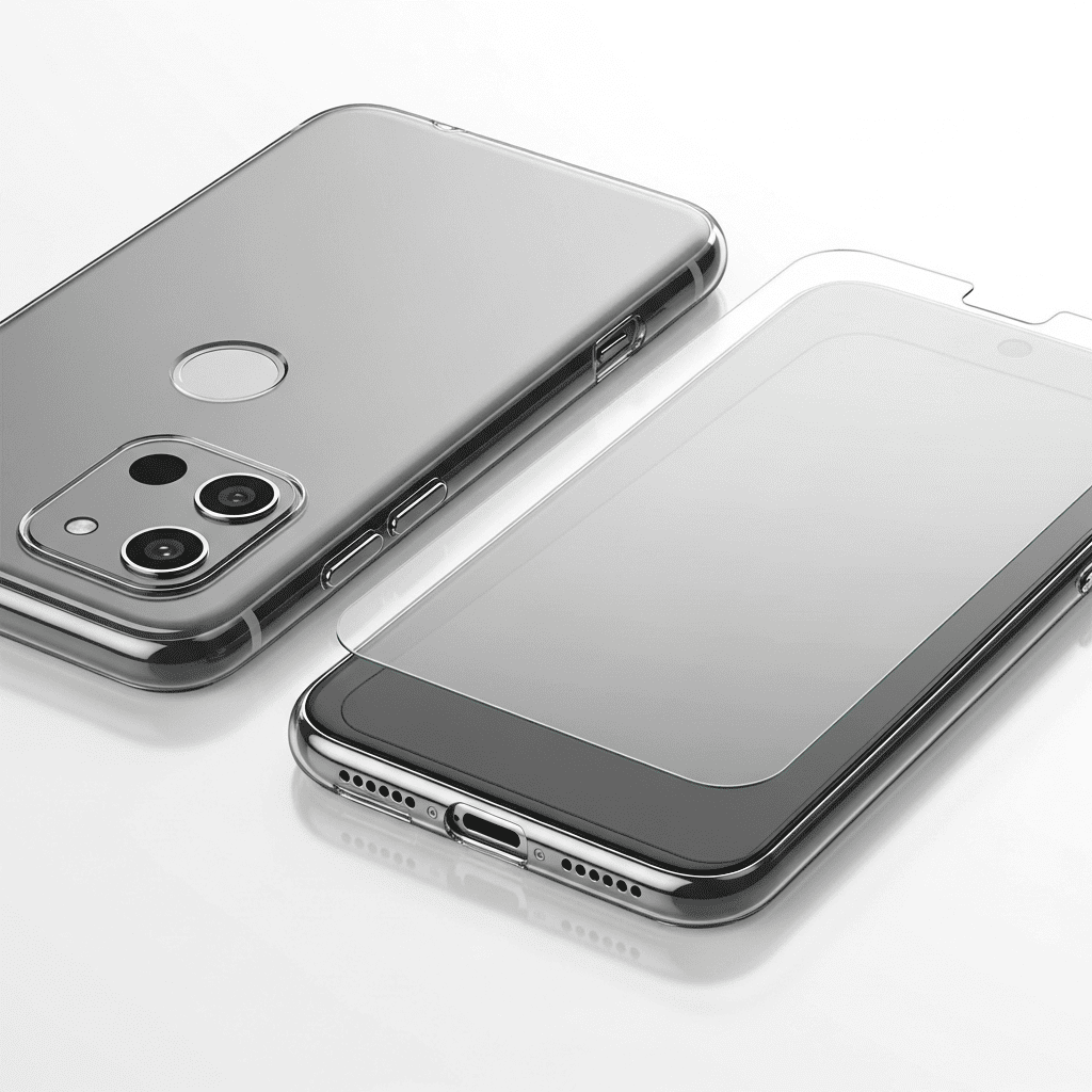 Gros plan technique montrant une coque de protection avec bords surélevés autour de l'écran et des objectifs photo.