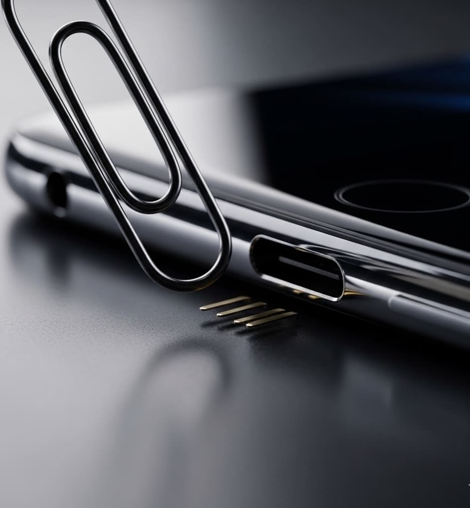 Mise en garde visuelle : un trombone métallique s'approchant d'un port USB-C, illustrant le risque de court-circuit.