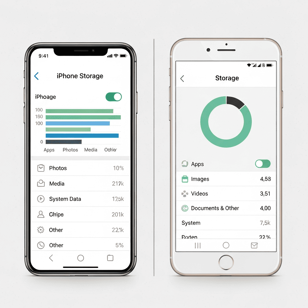 Comparaison des menus de stockage sur iPhone et Android pour identifier les fichiers volumineux.