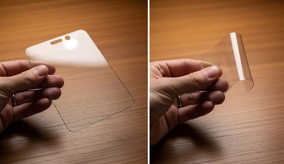 Comparaison visuelle montrant la rigidité d'une protection en verre trempé et la flexibilité d'un film hydrogel.