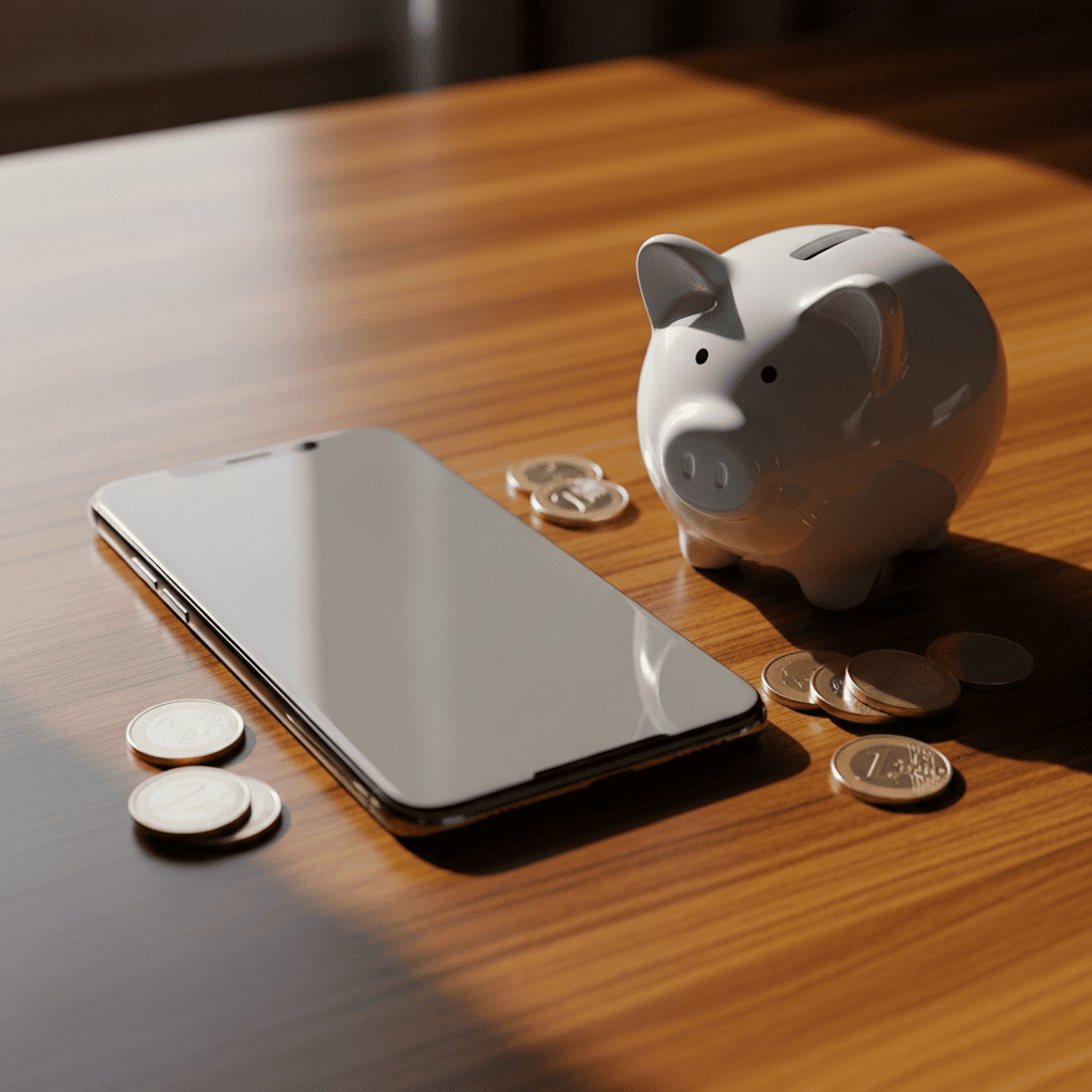 Un smartphone posé sur une table en bois à côté d'une tirelire cochon et de pièces de monnaie pour illustrer les économies.