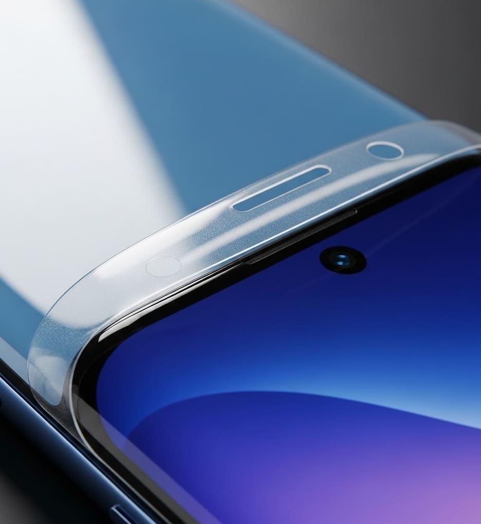 Gros plan d'un film hydrogel épousant parfaitement la courbe d'un écran de smartphone incurvé.