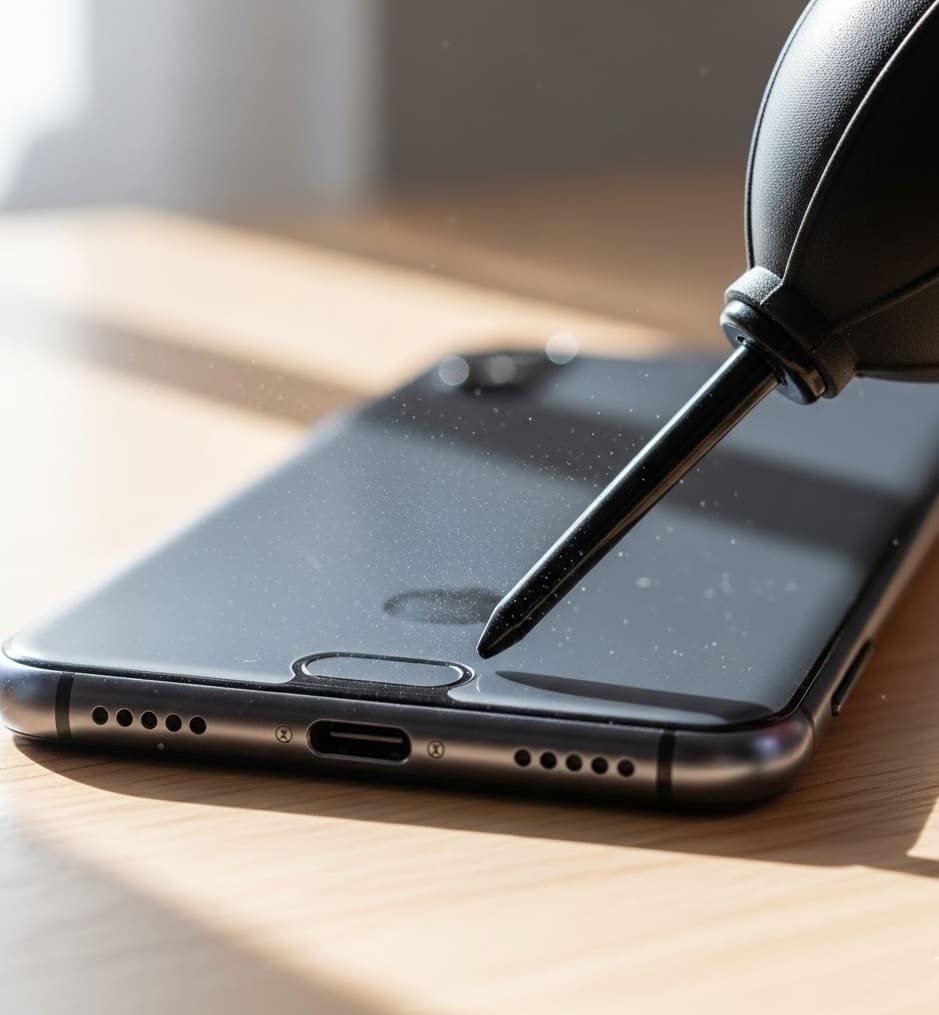 Utilisation d'une poire soufflante de photographe pour expulser les derniers résidus de poussière du port de charge.