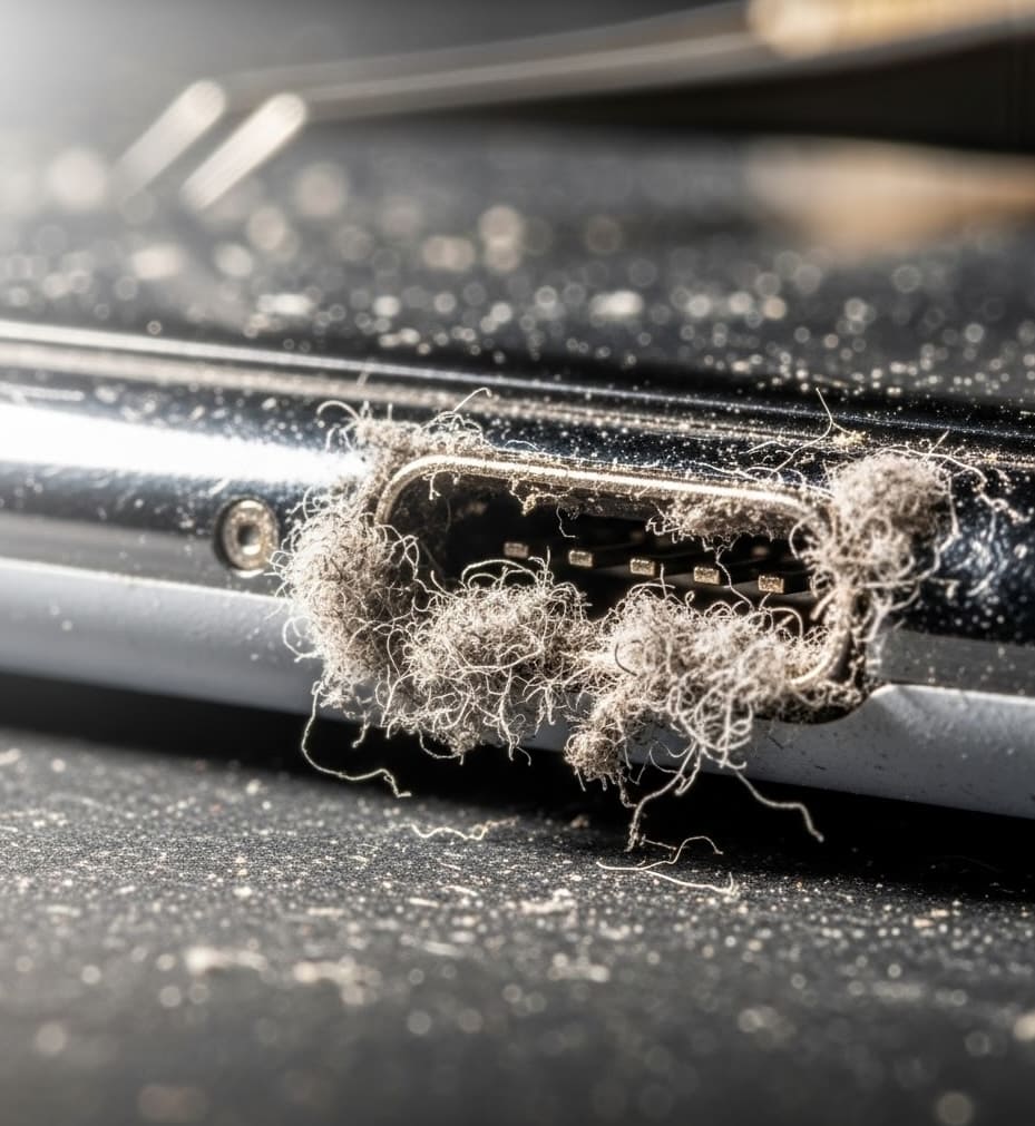 Une macro-photographie d'un port de charge USB-C complètement bouché par de la poussière et des peluches de poche.