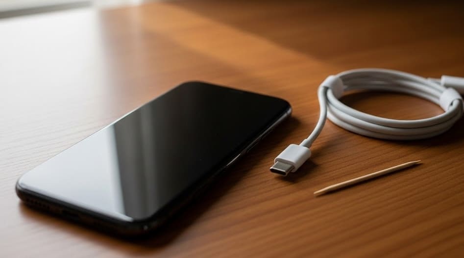 Image de couverture montrant un smartphone, un câble USB-C et un cure-dent pour illustrer le guide de nettoyage.