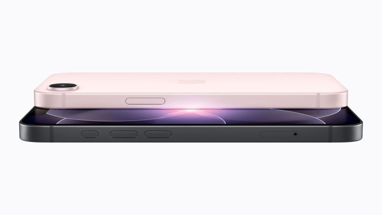 iPhone 17e en coloris rose et noir superposés, montrant le design ultra-fin de profil avec son unique capteur photo.