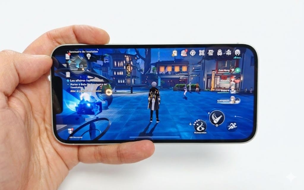 Jeu vidéo sur l’iPhone 17e montrant les performances graphiques du smartphone Apple