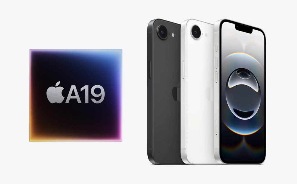 iPhone 17e en coloris blanc et noir à côté du processeur Apple A19, soulignant la puissance technologique du modèle.