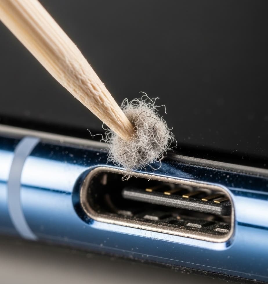Utilisation d'un cure-dent en bois pour extraire délicatement une boule de poussière d'un port USB-C.