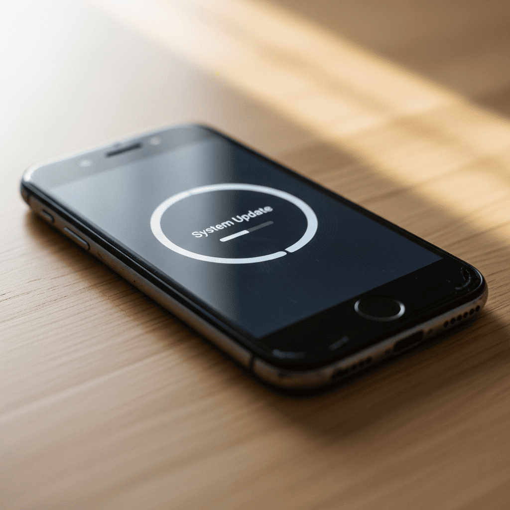 Un smartphone posé sur une table affichant une barre de progression de mise à jour système (System Update).