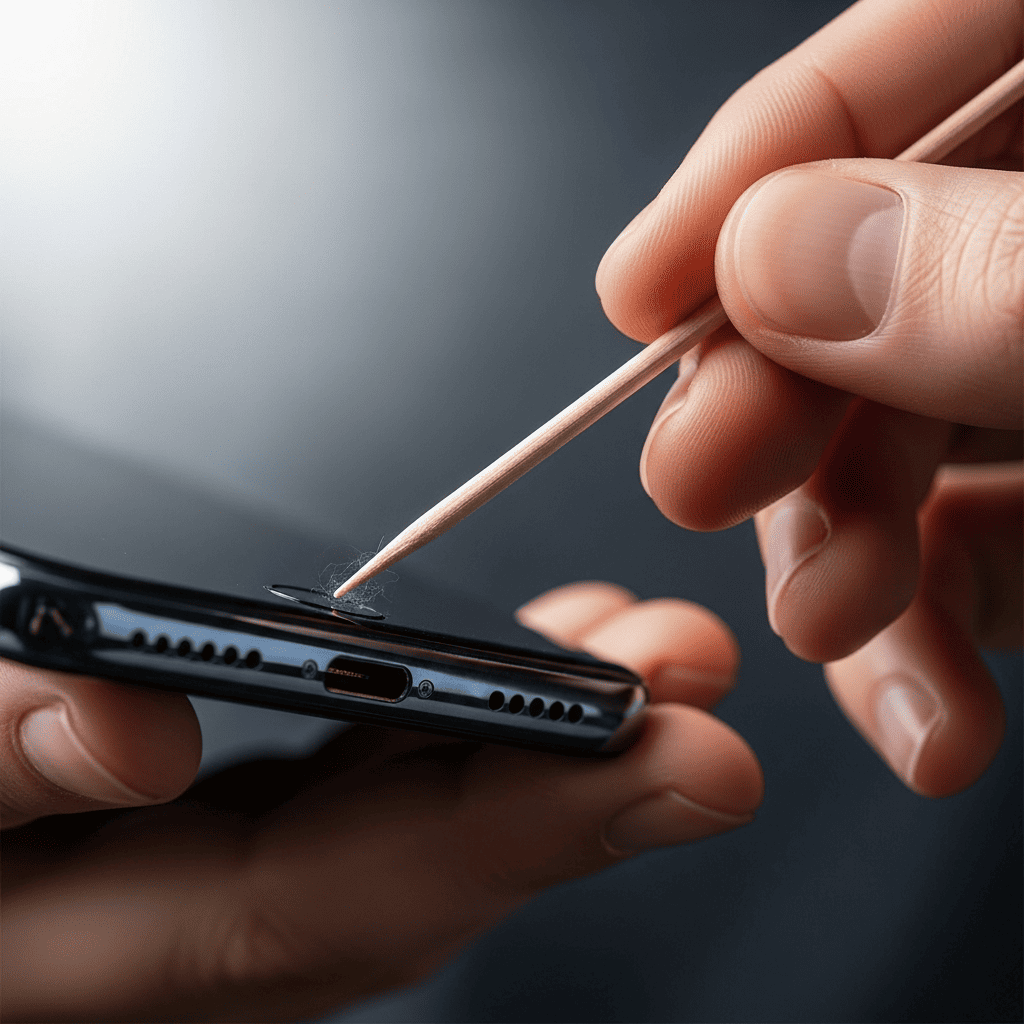 Utilisation délicate d'un cure-dent en bois pour nettoyer le port de charge d'un smartphone et retirer la poussière.