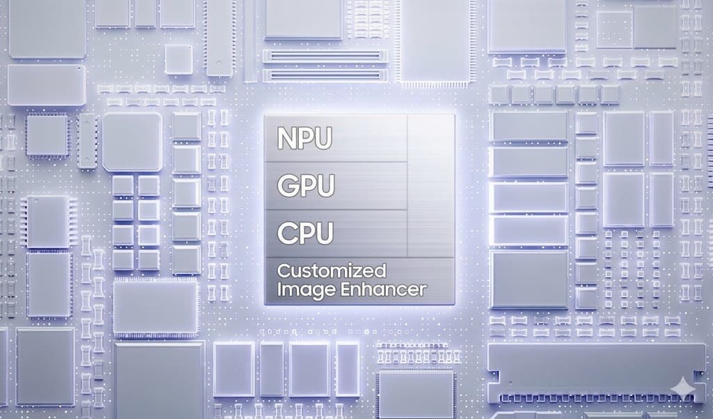 Schéma technique du processeur du Samsung Galaxy S26 montrant les unités NPU, GPU, CPU et le moteur de traitement d'image personnalisé sur un circuit intégré violet et argent