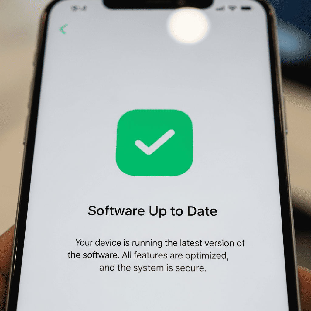 Un smartphone affichant une coche verte et le message "Software Up to Date" confirmant le succès de la mise à jour.