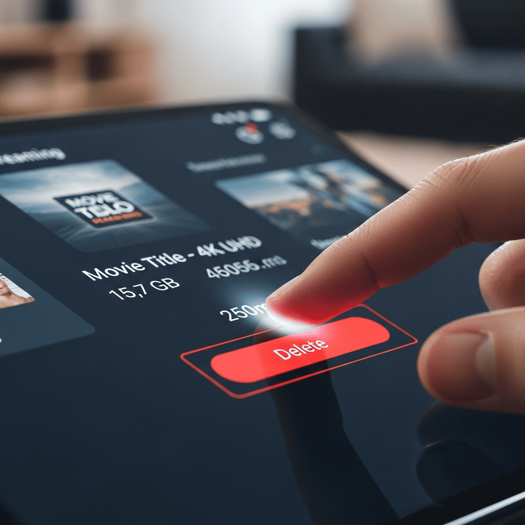Suppression d'un film volumineux sur une application de streaming pour gagner de la place.
